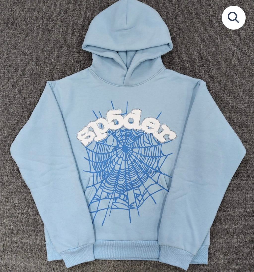Light Blue Rhinestone Sp5der Hoodie